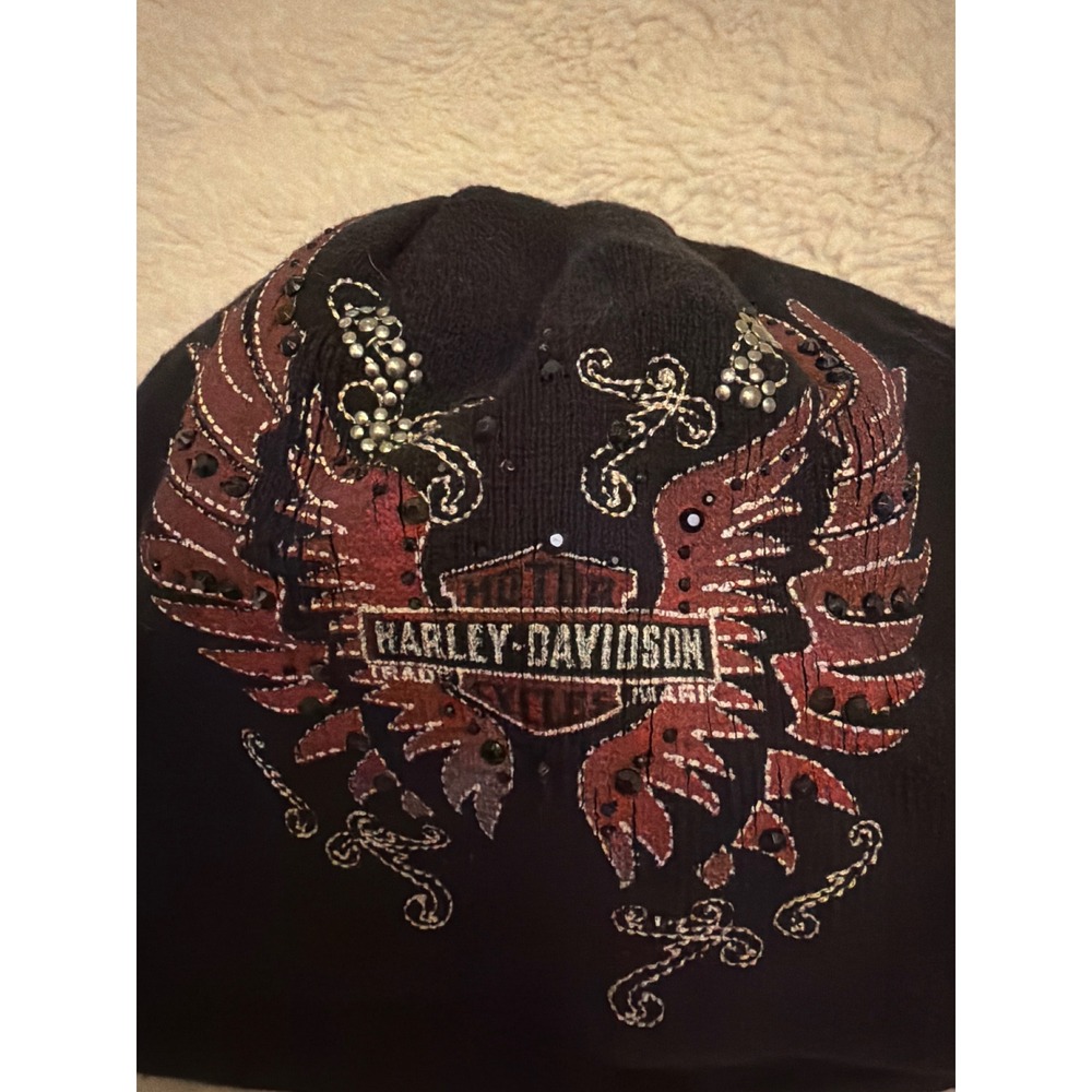 Harley-Davidson Womens Black Winged Logo Studded Beanie Knit Hat OS RN103819